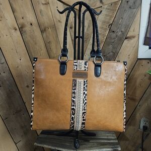 Montana West Wrangler Large Western Laptop Tote Leopard Trim Whipstitch Boho